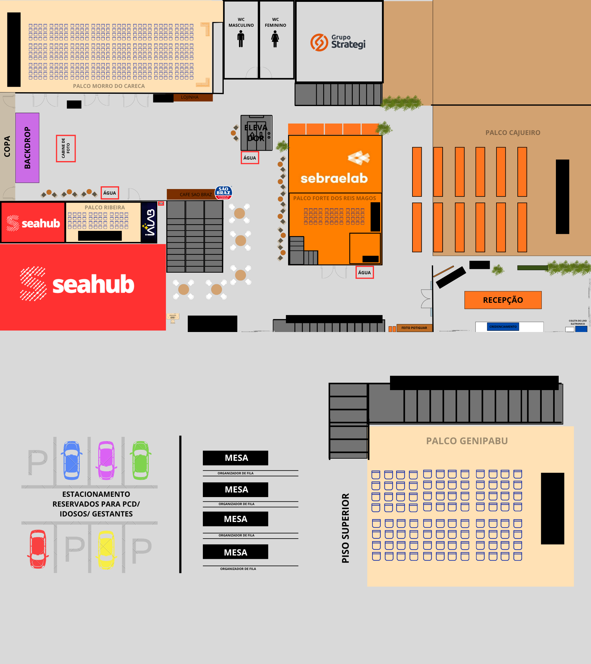 Mapa do local do evento, com a posição dos palcos, banheiros, café, recepção e estandes dos patrocinadores